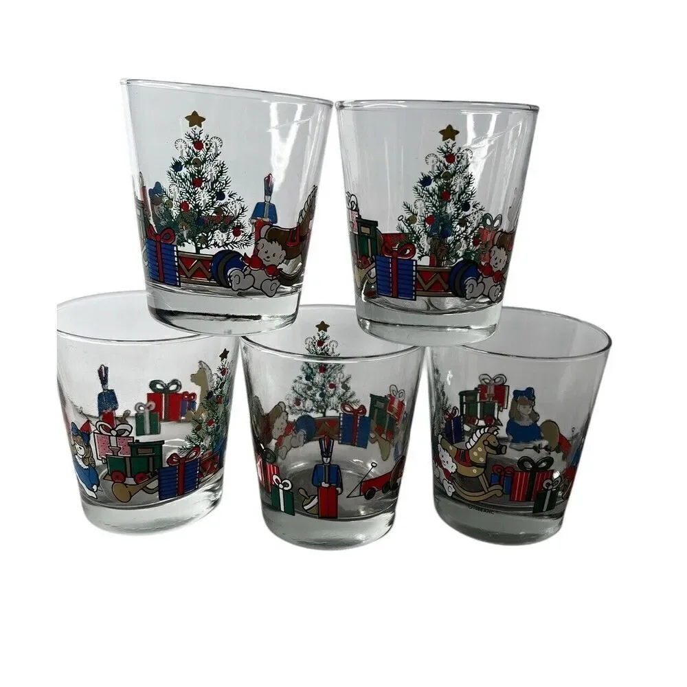 1988 Anchor Hocking Christmas Toys Rocks Highball Glasses Lot Of 5